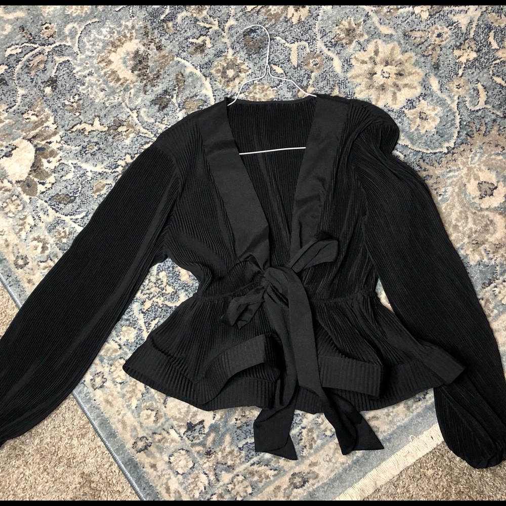 New Black Chiffon Peplum Pleated Blouse tie front